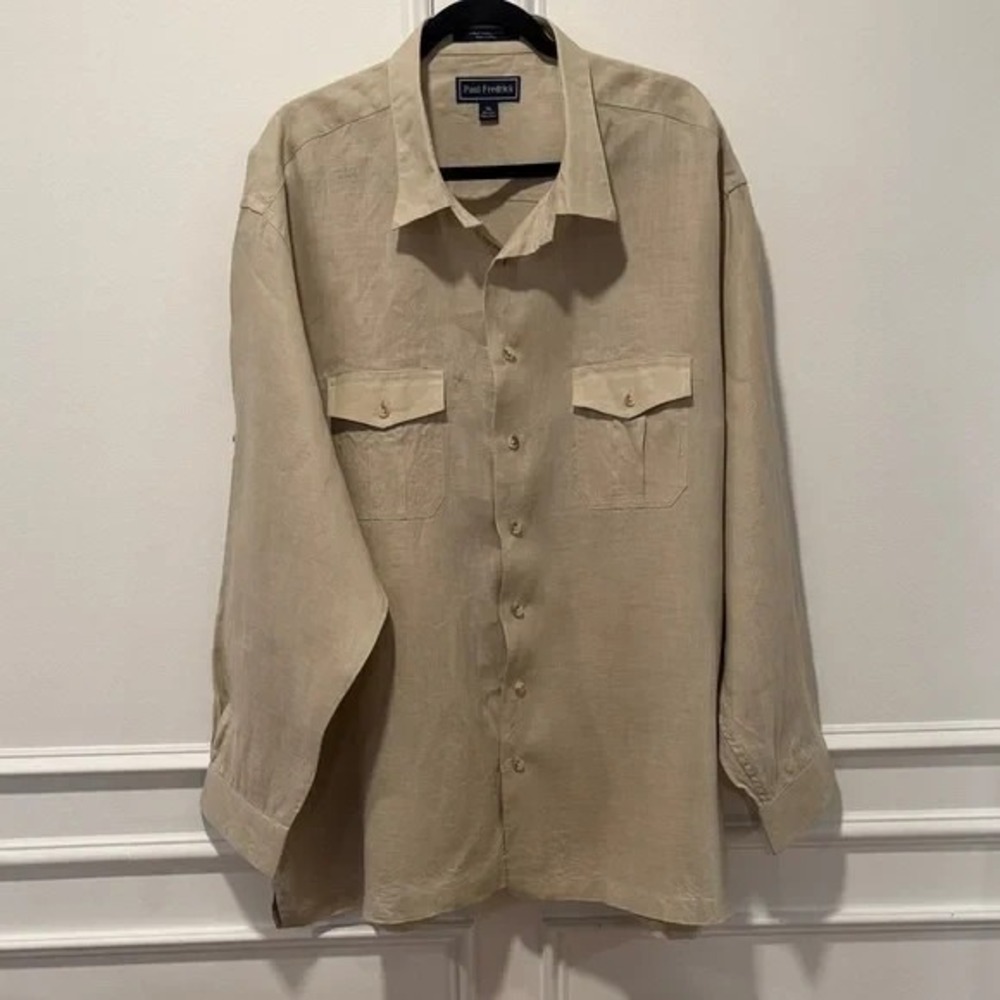 Paul Fredrick Men's Shirt 3XL Beige Tan 100% Linen Button Front Long Sleeve